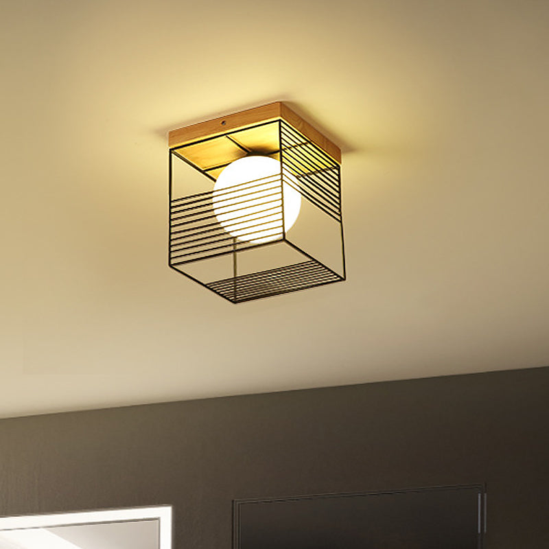 Contemporary Square Flush Mount Pendant Light - White/Black Metal Ideal For Bedroom Ceiling