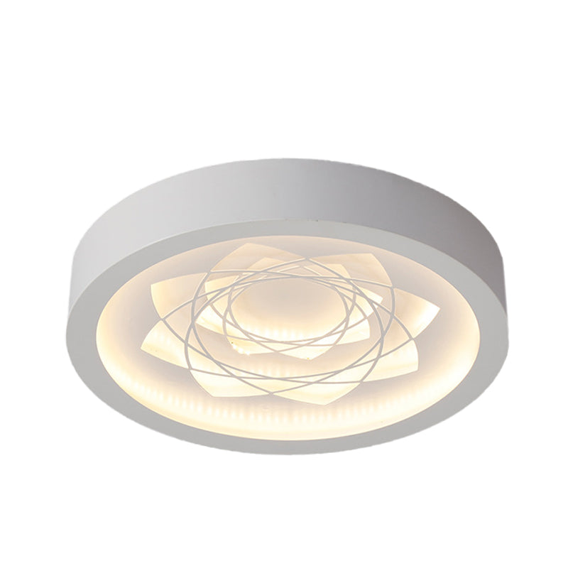 Contemporary Led White Drum Flush Mount Ceiling Fixture With Warm/White Light And Petal Pattern