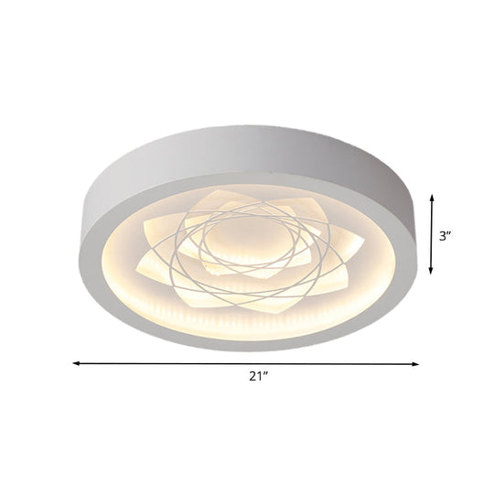 Contemporary Led White Drum Flush Mount Ceiling Fixture With Warm/White Light And Petal Pattern