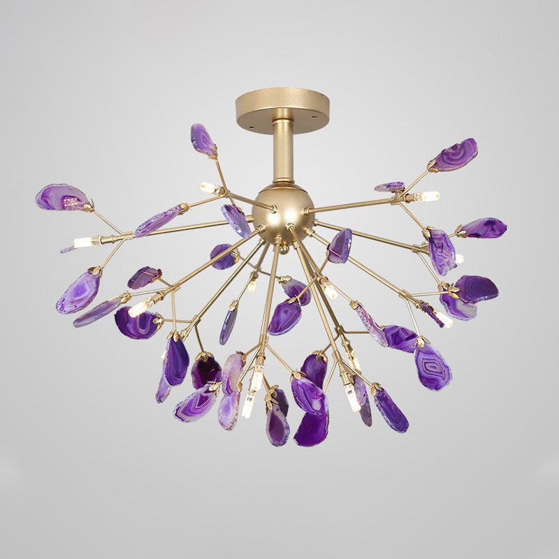 Nordic Metal And Agate Gold Starburst Ceiling Fixture - Semi Flush Mount For Bedroom