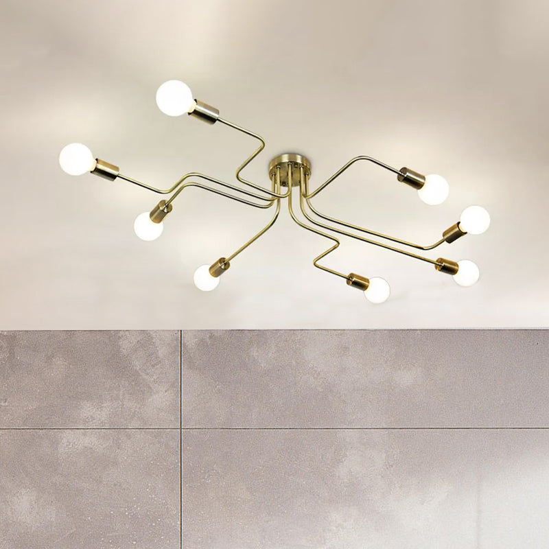 Vintage Metallic Semi Flush Light With Sputnik Design In Antique Brass/Black - Exposed Ceiling