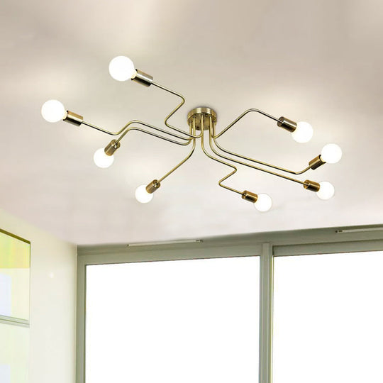 Vintage Metallic Semi Flush Light With Sputnik Design In Antique Brass/Black - Exposed Ceiling