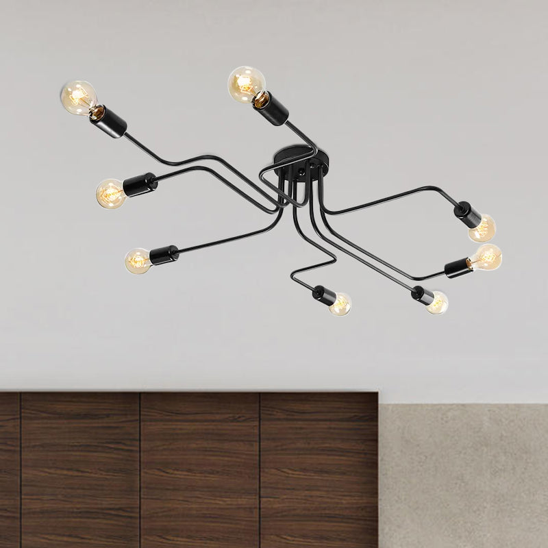 Vintage Metallic Semi Flush Light With Sputnik Design In Antique Brass/Black - Exposed Ceiling