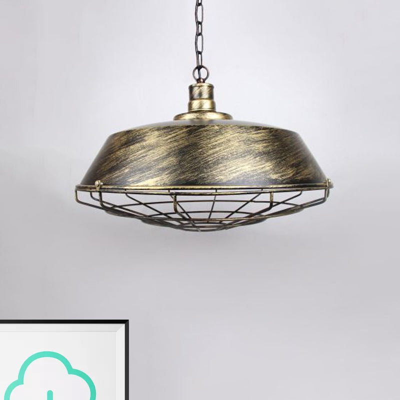 Rustic Wire Cage Pendant Light With Barn Shade In Antique Brass/Rustic Finish 1 10’/14’/18’ Width