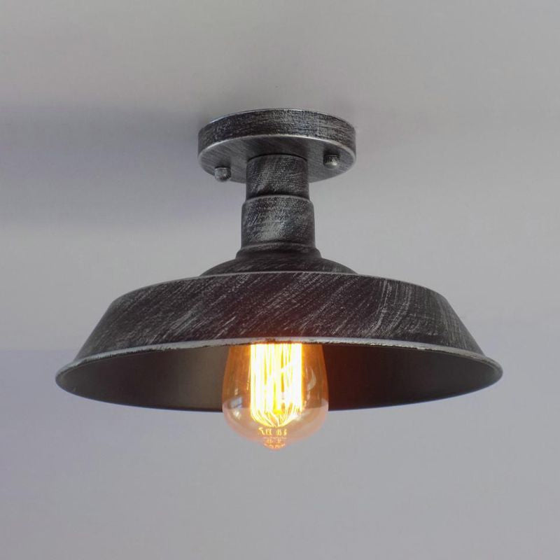 Barn Shade Semi-Flush Mount Ceiling Light In Aged Silver/Weathered Copper For Farmhouse Decor