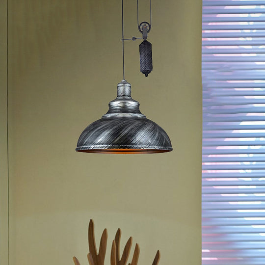 Rustic Industrial Dome Pendant Lamp With Pulley - 1 Light Brown/Grey Fixture For Living Room
