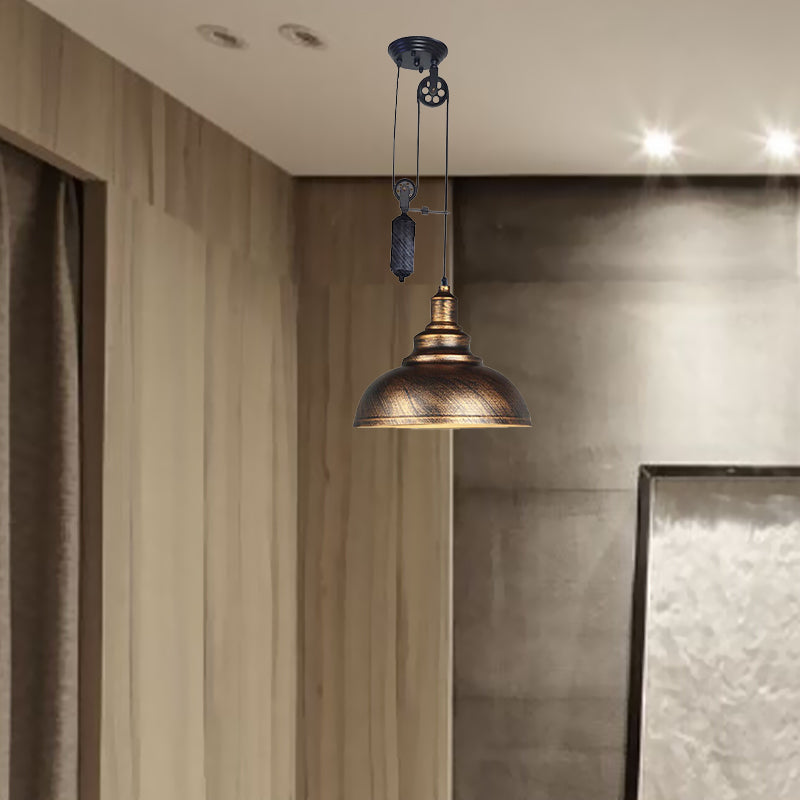 Rustic Industrial Dome Pendant Lamp With Pulley - 1 Light Brown/Grey Fixture For Living Room