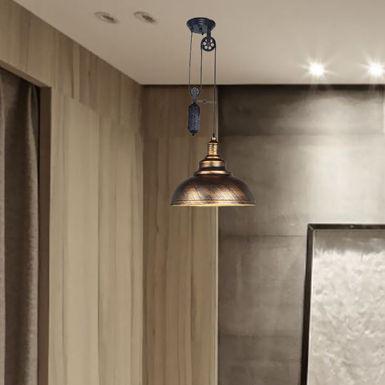 Rustic Industrial Dome Pendant Lamp With Pulley - 1 Light Brown/Grey Fixture For Living Room