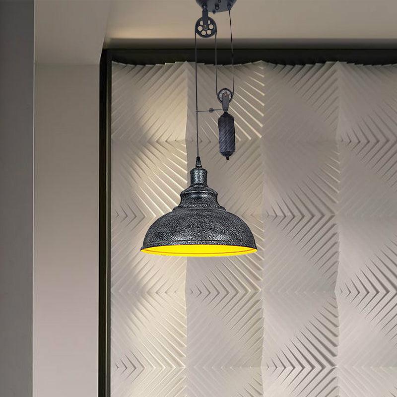 Rustic Industrial Dome Pendant Lamp With Pulley - 1 Light Brown/Grey Fixture For Living Room