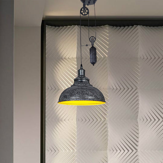 Rustic Industrial Dome Pendant Lamp With Pulley - 1 Light Brown/Grey Fixture For Living Room