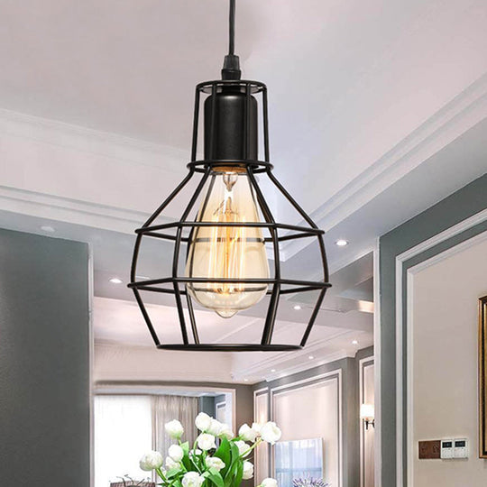 Retro Loft Black Metal Hanging Ceiling Light With Globe Cage Shade - Plug-In Suspension