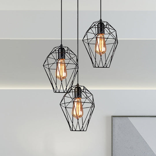 Geometric Vintage Ceiling Pendant Lamp - Metallic Black Suspended Light With 3 Bulbs Cage Shade