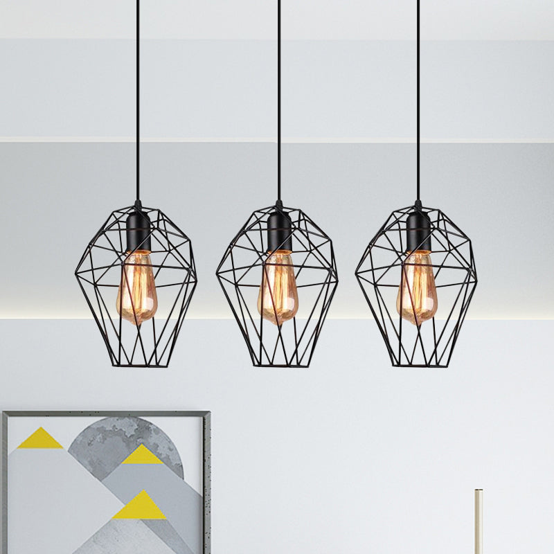 Geometric Vintage Ceiling Pendant Lamp - Metallic Black Suspended Light With 3 Bulbs Cage Shade