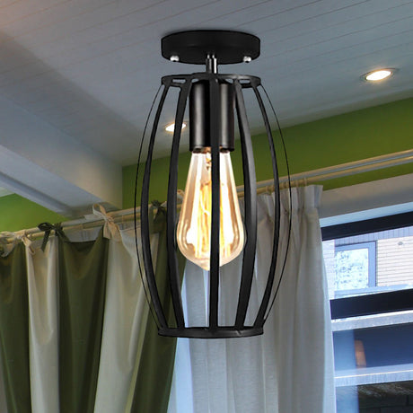 Rustic Farmhouse Semi Flush Mount Light: Barn/Oval Restaurant With Cage Shade & 1 Light Black