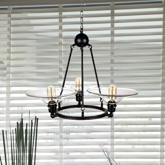 Antique Black Chandelier - 3-Light Clear Glass Cone Pendant Lamp For Living Room