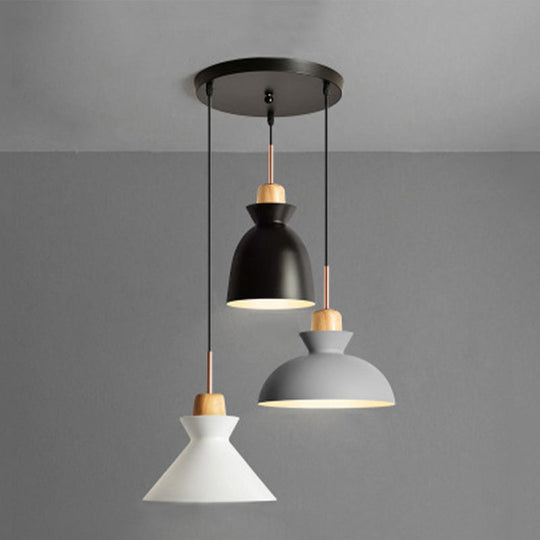3-Bulb Pendant Light Fixture In Nordic Style: Metal & Wood Shade Indoor Ceiling Lighting Black