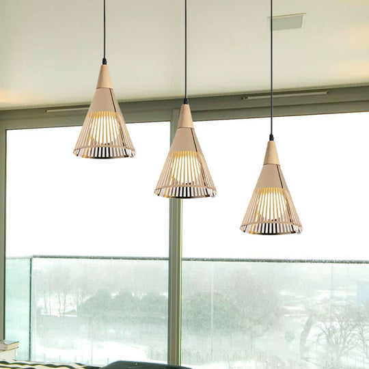 Nordic Cone Ceiling Light With 3 Metal And Wood Pendant Heads