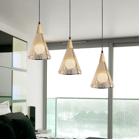 Nordic Cone Ceiling Light With 3 Metal And Wood Pendant Heads