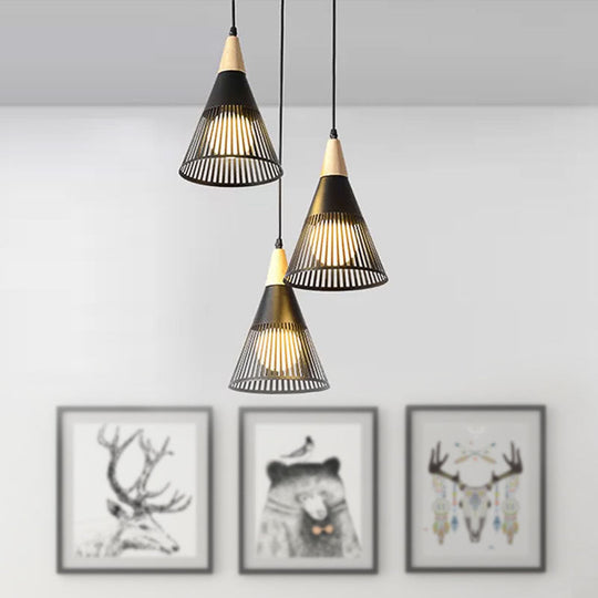 Nordic Cone Ceiling Light - 3 Head Metal And Wood Pendant Lighting With Wire Frame Linear/Round