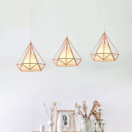 Rose Gold Wire Frame Pendant Lamp With Modern Style Design - 3 Bulbs Fabric And Metal Linear/Round