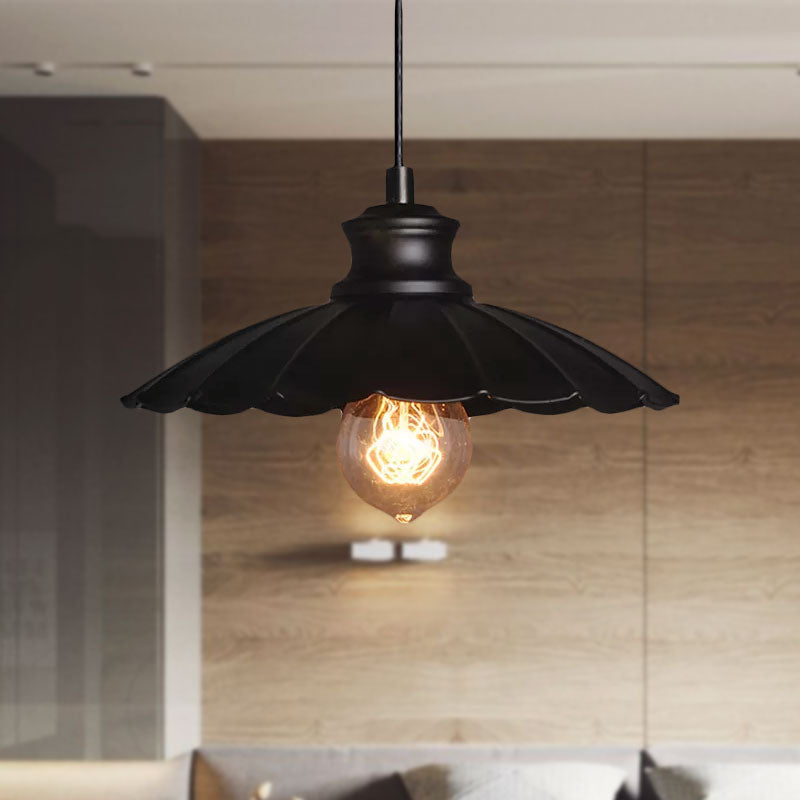 Retro-Style Metallic Black Pendant Lamp With Scalloped Shade - Perfect For Kitchen Lighting