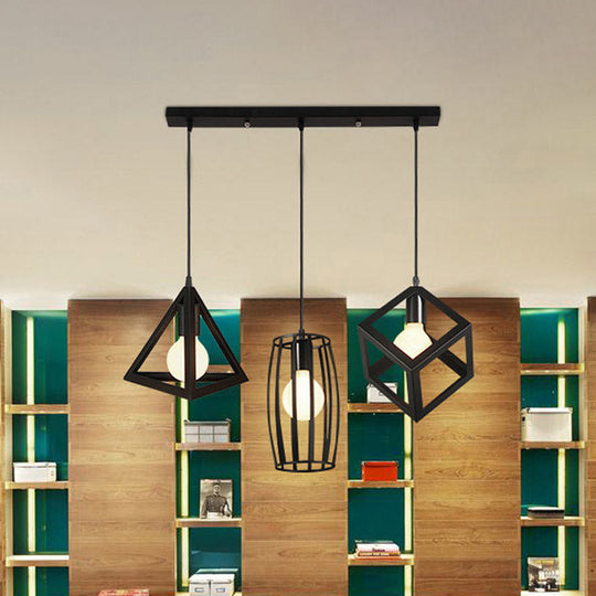 3-Head Pendant Lighting In Black Metal With Retro Stylish Cage Shades For Kitchen Round/Linear