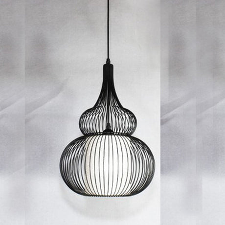 Vintage Style Black Metal Pendant Lamp With Gourd Cage And Adjustable Cord For Bedroom