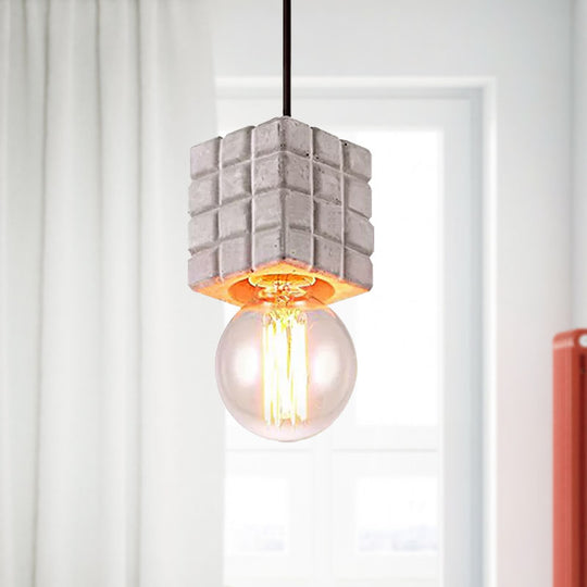 Cement Square Pendant Light With Vintage Bare Bulb - 1-Light Ceiling Lamp For Restaurants In Grey