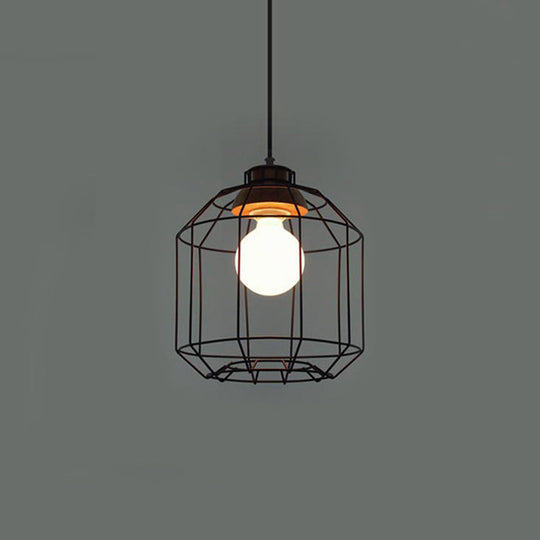 Retro Metal Pendant Light With Barrel/Cylinder Cage Shade - Bedroom Hanging Lamp In Black