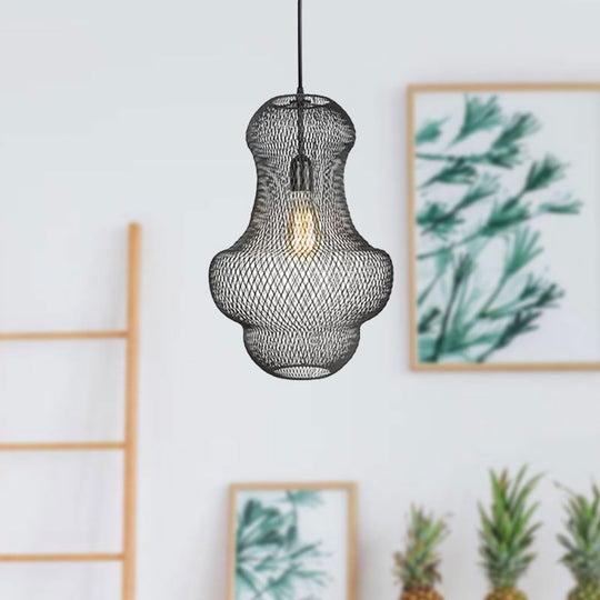 Industrial Black Mesh Cage Pendant Light - Modern Metal Hanging Lamp For Dining Room