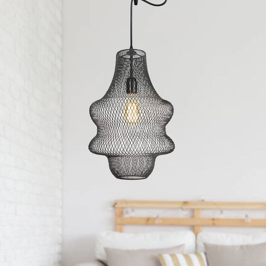 Industrial Black Mesh Cage Pendant Light - Modern Metal Hanging Lamp For Dining Room