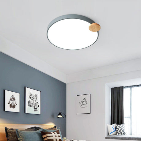 Modern Led Round Flush Mount Light With Wood Detail For Bedroom - 12/16/19.5
