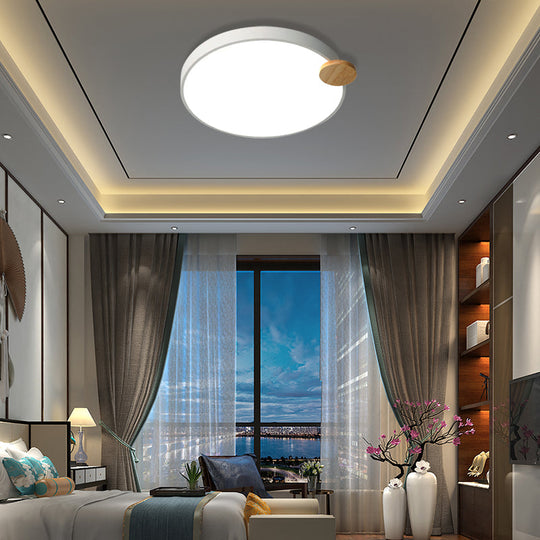 Modern Led Round Flush Mount Light With Wood Detail For Bedroom - 12/16/19.5