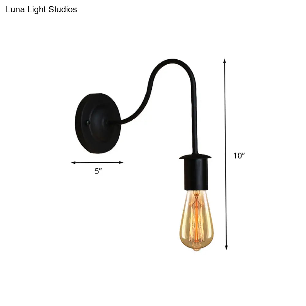 7/11 Dia Vintage Gooseneck Arm Metal Wall Lamp With Bare Bulb In Black