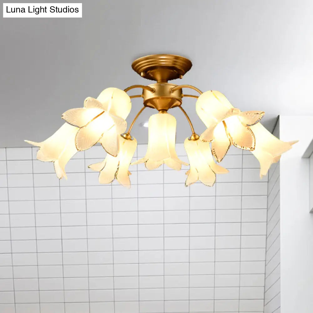 7 Bulbs Countryside Lily/Tulip Glass Ceiling Light - Semi Flush Mount For Living Room White