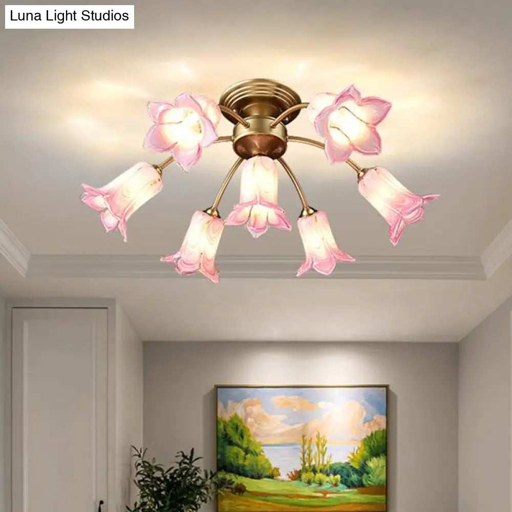 7 Bulbs Countryside Lily/Tulip Glass Ceiling Light - Semi Flush Mount For Living Room Purple