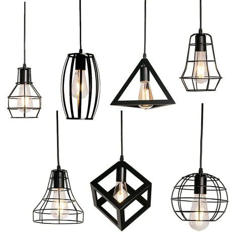 7 Type Modern Black Cage Pendant Lights Iron Minimalist Nordic Pyramid Lamp
