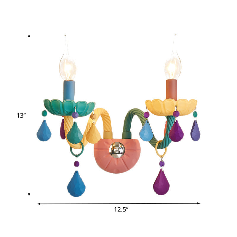 Cartoon Crystal Wall Sconce With Pink Droplet Deco - Bedside Candle Light Fixture