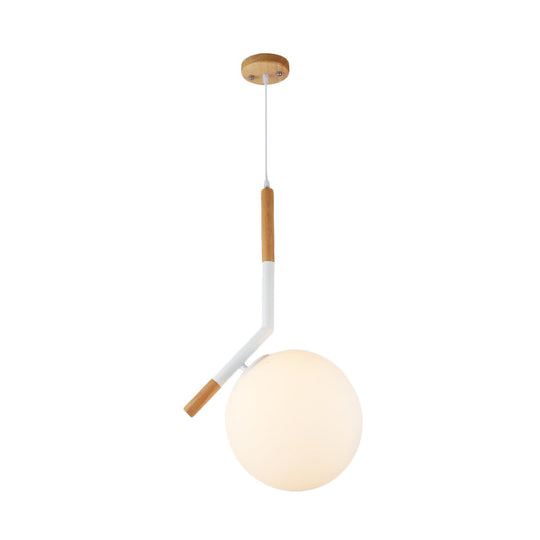 Modern White Glass Globe Pendant Light With Wood Hanging Kit Angled Rod (11.5/14.5 Wide)