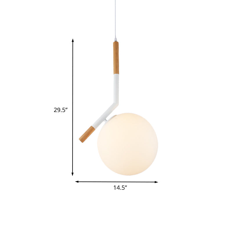 Modern White Glass Globe Pendant Light With Wood Hanging Kit Angled Rod (11.5/14.5 Wide)