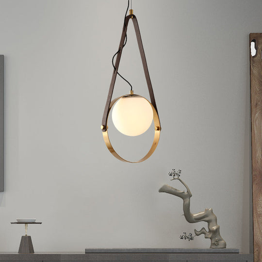 Modernist Gold Finish Ring Suspension Light - 1-Bulb Metal Ceiling Lamp With Belt Detail