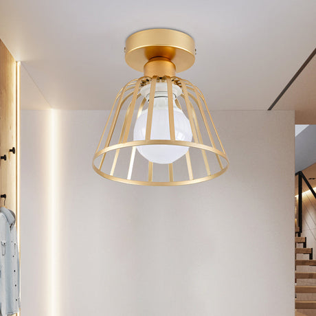 Sleek Iron Bowl Cage Semi Flush Light Fixture - Black/Gold Finish Gold