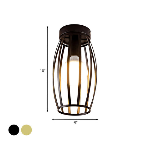 Minimalist Black/Gold Oval Cage Flush Mount Ceiling Fixture With 1 Bulb For Hallway