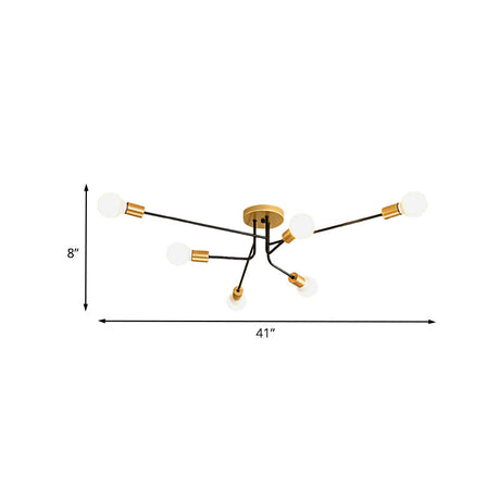 Modernist Sputnik Semi Flush Mount Light - Gold & Black Finish 6 Bulbs Close To Ceiling