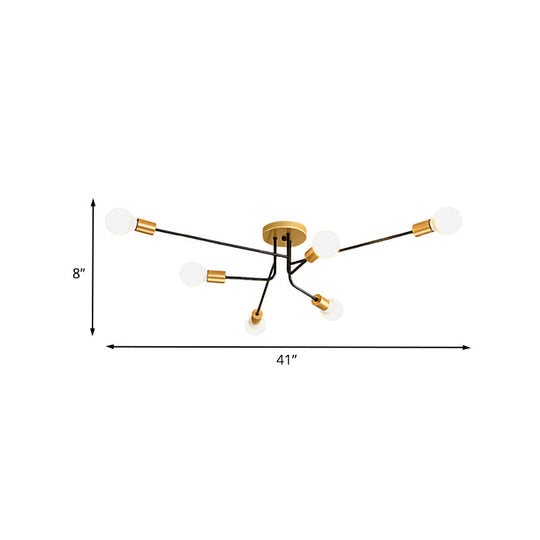 Modernist Sputnik Semi Flush Mount Light - Gold & Black Finish 6 Bulbs Close To Ceiling