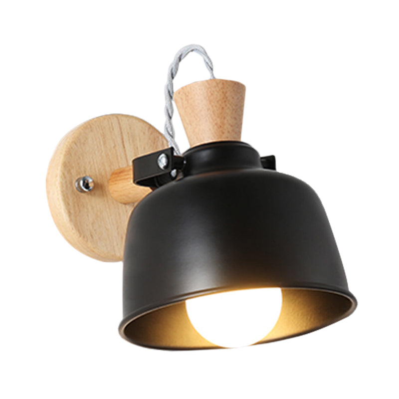 Iron Macaron Handle Wall Sconce Lamp - Bowl Bedside Light Fixture In Grey/Black With Wood Top