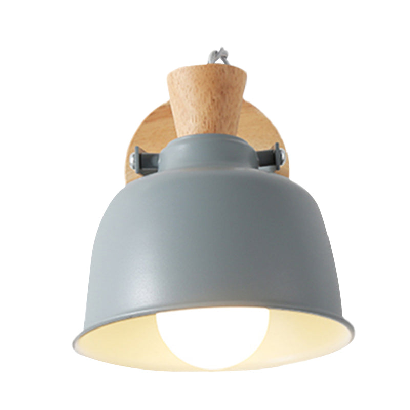 Iron Macaron Handle Wall Sconce Lamp - Bowl Bedside Light Fixture In Grey/Black With Wood Top