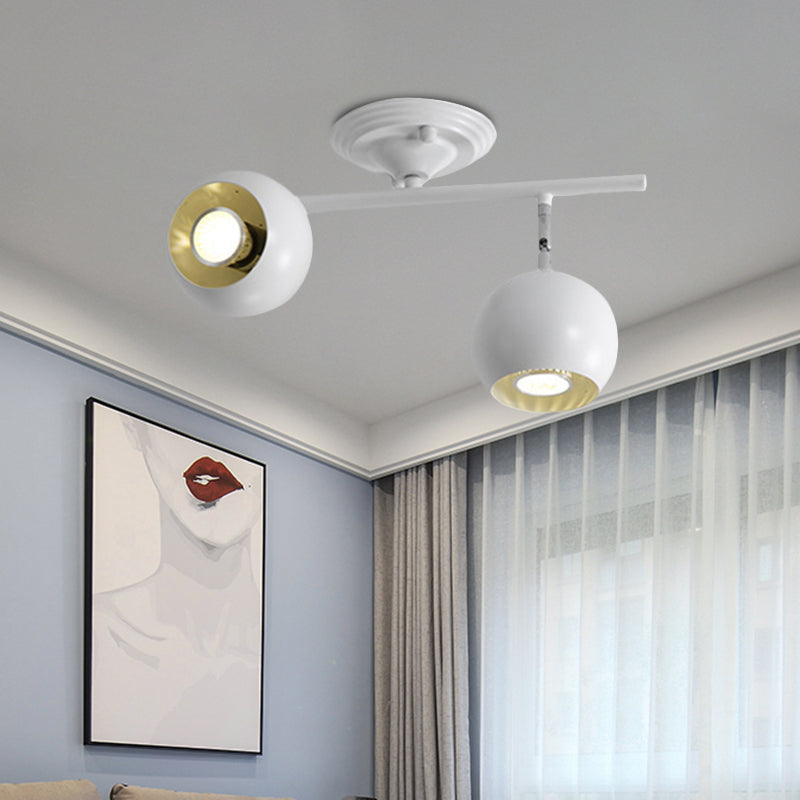 Modern Semi Flush Globe Light Fixture - White Finish 2 - Light Ceiling - Mounted Lamp With Metallic