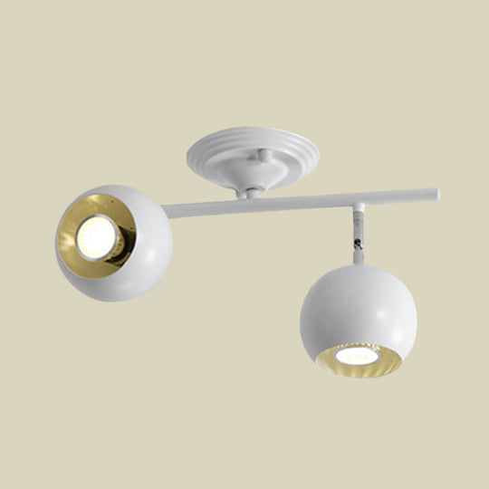 Modern Semi Flush Globe Light Fixture - White Finish 2 - Light Ceiling - Mounted Lamp With Metallic
