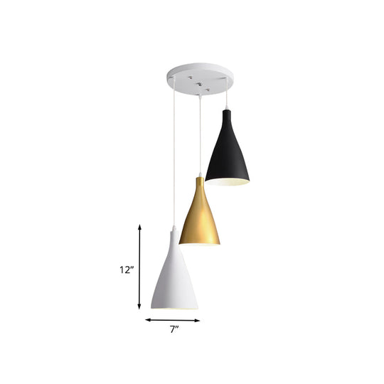 Modern 3-Light Pendant Ceiling Lamp With White Black & Gold Shades And Metal Canopy